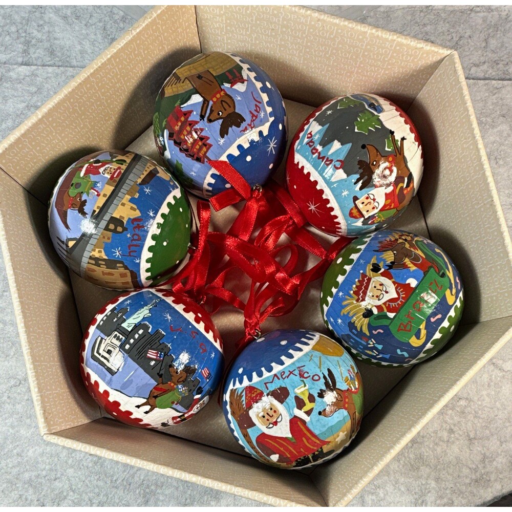 Pottery Barn Santa Around the World Set of 6 Hanging Ball Ornaments papier-mâch
